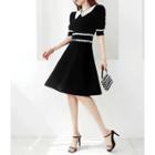 Lace-collar Flare Dress Black - One Size