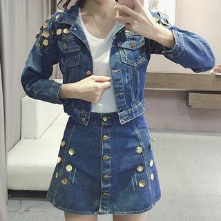 Set: Sequined Denim Jacket + Buttoned A-line Skirt