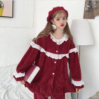 Loungewear Set: Lace-trim Button Jacket + Pants As Shown In Figure - One Size