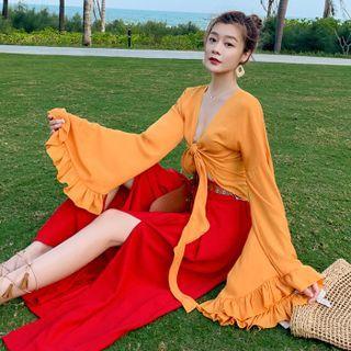 Set: Bell-sleeve Ruffled Crop Top + Wide-leg Pants