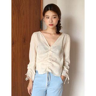 Deep V-neck Drawstring-trim Linen Blend Top