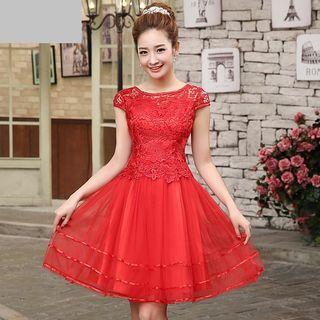Lace Panel Short Sleeve Bridesmaid Dress