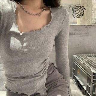 Long-sleeve Irregular Frill Trim Knit Top