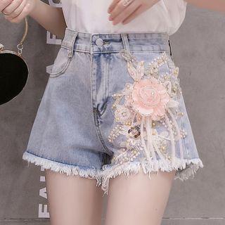 Flower Accent Denim Wide Leg Shorts