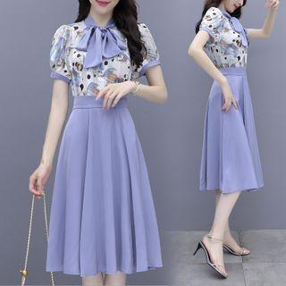Set: Bow-neck Print Blouse + Plain Midi A-line Skirt