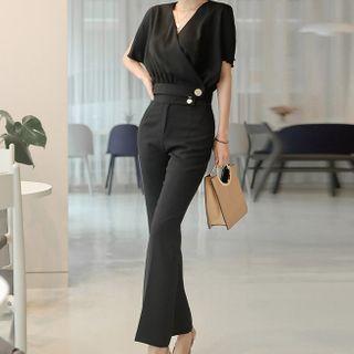 Set: V-neck Short-sleeve Top + Boot-cut Pants