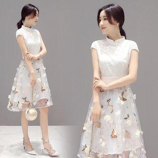 Short-sleeve Butterfly Print A-line Organza Dress