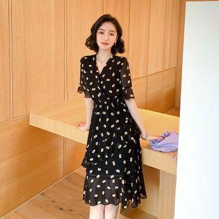 V Collar Wave Point Chiffon Dress