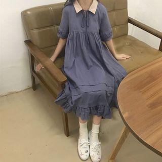 Collared Short-sleeve Midi T-shirt Dress Grayish Blue - One Size