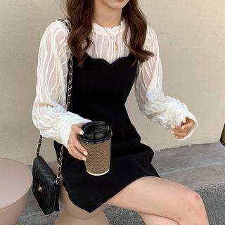 Set: Long-sleeve Top + Velvet Mini A-line Overall Dress