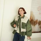 Pocket-front Fleece Trim Jacket Khaki - One Size