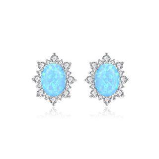 Sterling Silver Elegant Fashion Pattern Blue Imitation Opal Stud Earrings With Cubic Zirconia Silver - One Size