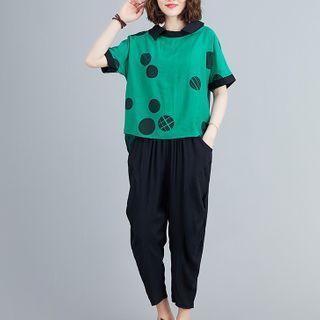 Set: Short-sleeve Dot Print T-shirt + Harem Pants