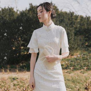 Layered Short-sleeve Panel Lace Midi Qipao