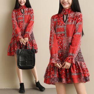 Mock-turtleneck Long-sleeve Printed A-line Dress
