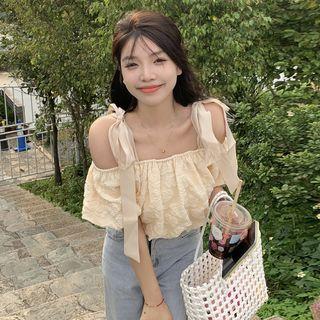 Cold-shoulder Shirred Blouse Beige - One Size