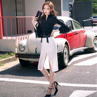 Set: Plain 3/4 Sleeve Shirt + Front Slit Midi Skirt