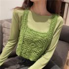 Set: Long-sleeve T-shirt + Crochet Knit Vest T-shirt - Avocado Green - One Size / Vest - Avocado Green - One Size