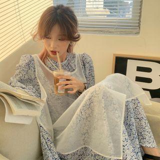 Elbow-sleeve Flower Print Midi A-line Dress / Sheer Side-slit Overall Dress