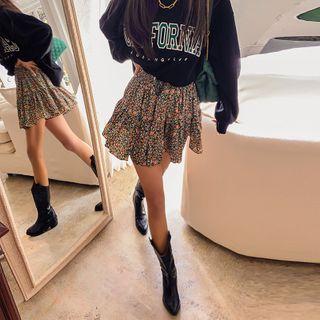 Drawcord Frilled-hem Mini Floral Skirt
