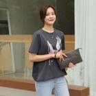 Contrast-panel Printed Cord-hem T-shirt