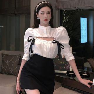 Elbow-sleeve Cut Out Blouse White - One Size