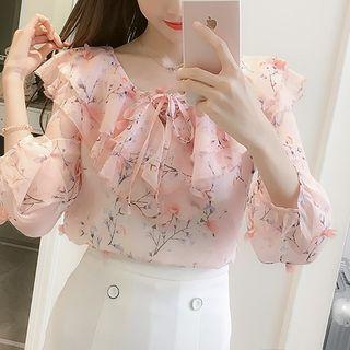 Long-sleeve Ruffled Floral Print Chiffon Blouse