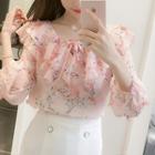 Long-sleeve Ruffled Floral Print Chiffon Blouse