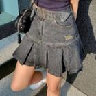 Belted Embroidered Pleated Denim Skirt