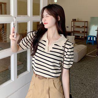 Short-sleeve V-neck Striped Polo Shirt / High-waist Plain Shorts With Belt