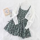 Set: Knit Cardigan + Floral Print Sleeveless Dress