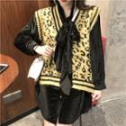 Long-sleeve Tie-neck Mini Dress / Leopard Print Knit Vest
