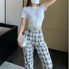 Short-sleeve Lace-up T-shirt / Plaid High-waist Wide-leg Pants