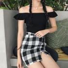 Plain Off-shoulder Top / Gingham Mini Skirt
