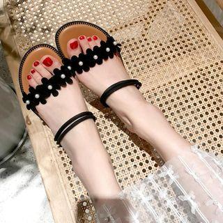 Genuine Leather Floral Strap Wedge Sandals