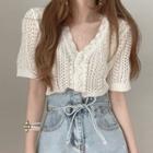 Short-sleeve Eyelet Button-up Knit Top
