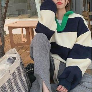 Color Block Collared Sweatshirt Stripe - Dark Blue & White - One Size