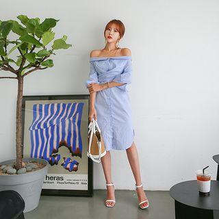 Off-shoulder Twist-front Stripe Shirtdress