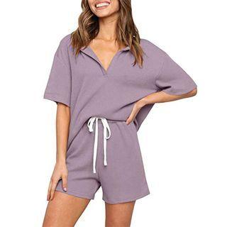 Set: Elbow-sleeve Collared Top + Shorts