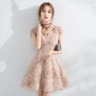 Short-sleeve Textured A-line Mini Dress