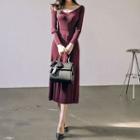 Long-sleeve V-neck A-line Midi Knit Dress Wine Red - One Size