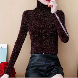 Long-sleeve Turtle-neck Glitter T-shirt