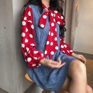 Dotted Tie-neck Long-sleeve Shirt