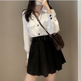 Set: Contrast Stitched Long Sleeve Shirt + A-line Skirt