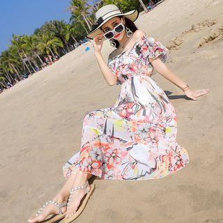 Short-sleeve Off Shoulder Printed A-line Midi Dress