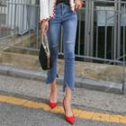 Slit Cutout Washed Straight-cut Jeans