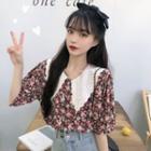 Elbow-sleeve Floral Print Eyelet Lace Collar Blouse