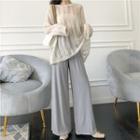 Long-sleeve Perforated Knit Top / Drawstring Wide-leg Pants