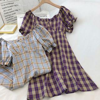 Plaid Puff-sleeve A-line Dress
