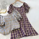 Plaid Puff-sleeve A-line Dress